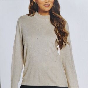 RAFAELLA Women Large Wheat Heather Mock Neck Cuff Button Long Sleeve Top NWT